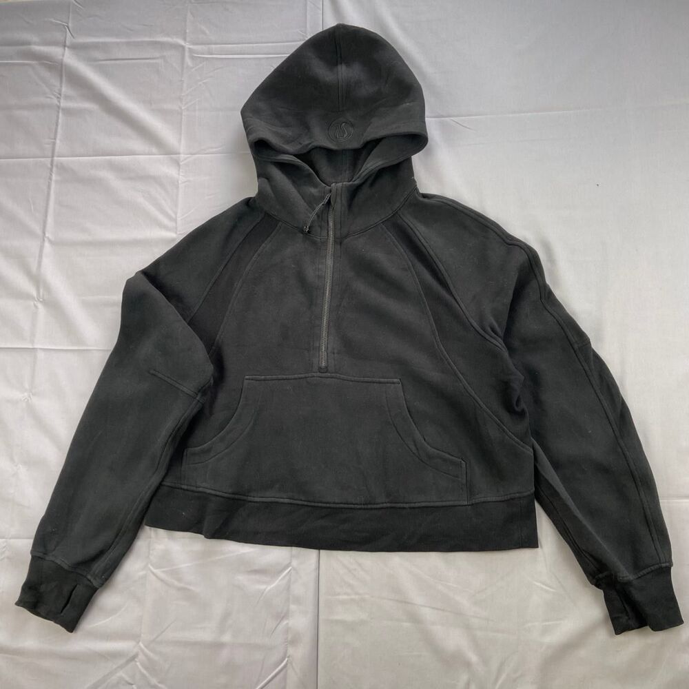 Lululemon Women's M Black Half Zip Hooded Sweatshirt Cropped Thumbholes Hoodie